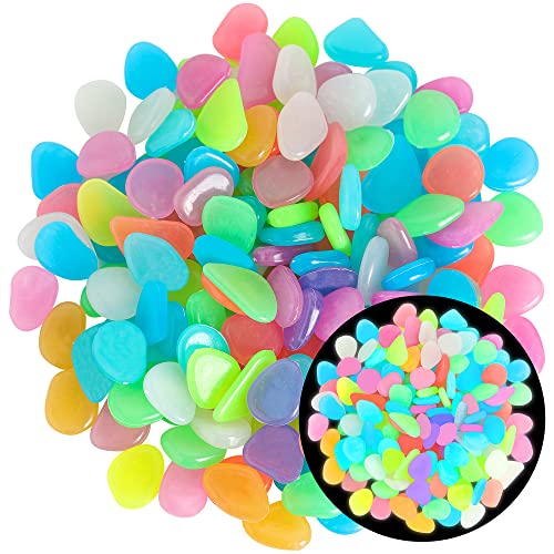 150 PCS Luminous Stones – Mixed Color Glow Rocks Decorations DIY Decorative Pebbles for Aquarium Fish Tank Sidewalk Garden Path Patio Terrace Lawn Yard Ornaments Colorful Cobbles Decor FD05MX150