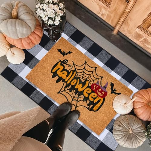 Halloween Front Door Mat Combo Set, Spider Web Coco Coir Welcome Doormat -28' x 43' Black and White Plaid Rug, Autumn Fall Front Porch Entryway Decor Floor Mat