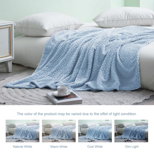 Image of Exclusivo Mezcla Light Blue Fleece King Size Blanket for Bed, 90x104 Inches Soft Cozy 3D Decorative Jacquard Flannel Blankets, Lightweight Fuzzy Plush Warm Blankets for All Seasons