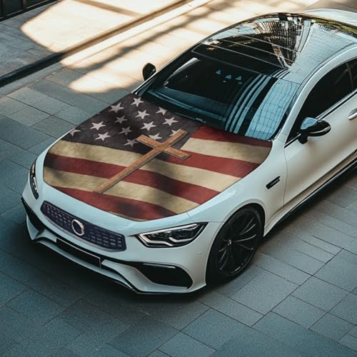 Image of Cross American Flag Pattern Car Hood Cover Weather-Resistant Automotive Hood Covers Washed Auto Hood Flag Universal Fit for SUV Pickup Trucks
