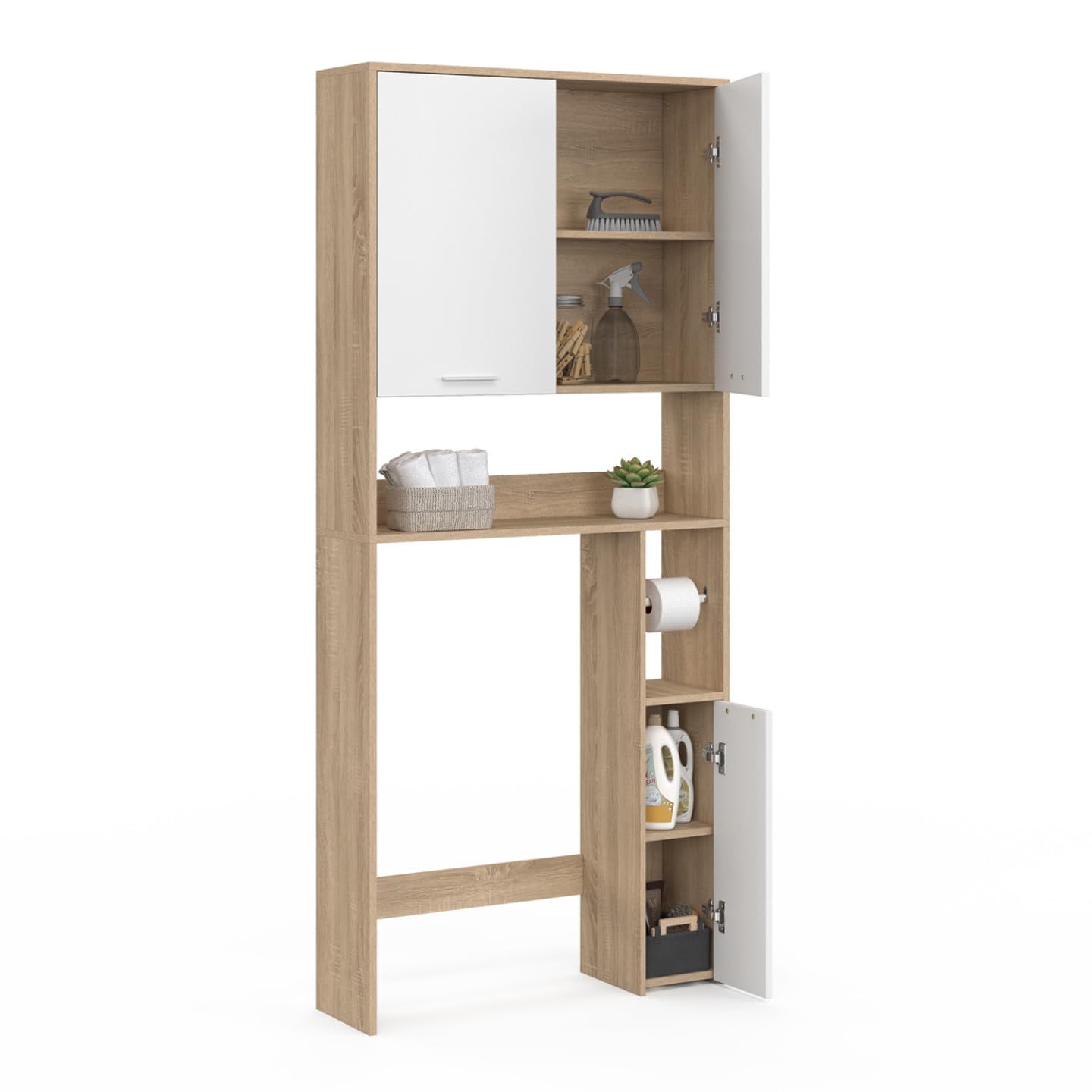 IDMarket WALLIS – Mueble estante superior para inodoro de madera de haya y blanco