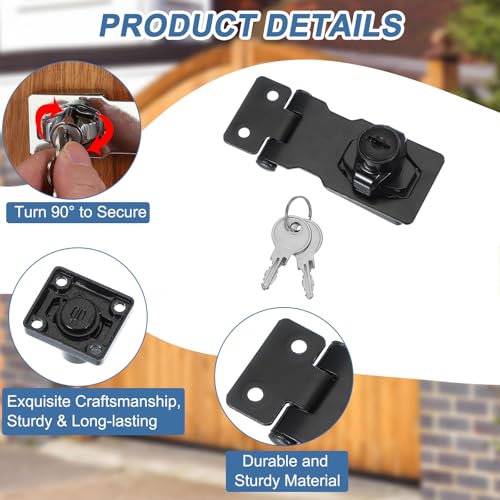 Image of MECCANIXITY Twist Knob Keyed Hasp Locks Safety Packlock Clasp Hasp Latches with Keys & Screws 2.5 Inch for Window Barn Drawer Cabinet Garage Small Doors (Pack of 2, Black)