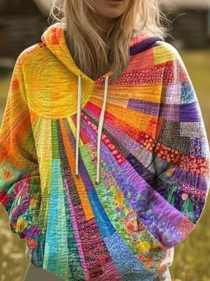 Oversized Patchwork Printed Hoodie for Women Women’s Casual Drawstring Pullover with Pocket - Image 2