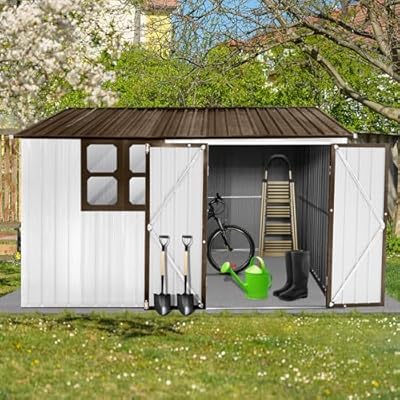 Dyncan Spacious Metal Garden Shed 10ft x 8ft Outdoor Storage Solution with Window, White and Coffee