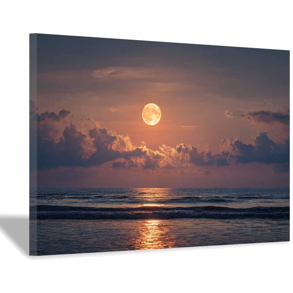 HOQIU Natural scenery wall art Moon Ove Ocean Wall Art decorative painting, wall art, for Living Room Bathroom Bedroom Kitchen Decoration.(Multicolor)-70x100cm Framed