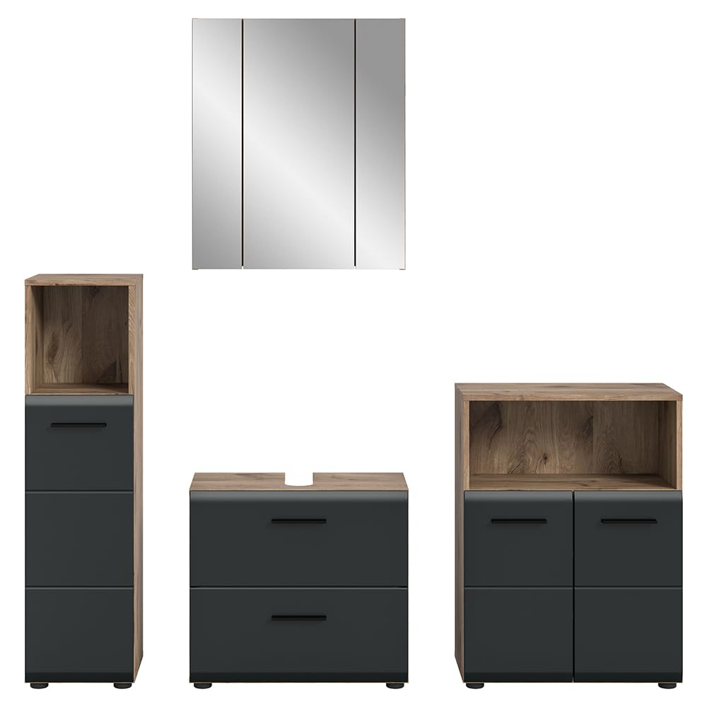 Lomadox Badezimmer Badmöbel-Set 4-teilig in Eiche mit schwarz matt, mit 1 Midischrank, 1 Unterschrank, 1 Spiegelschrank mit 3D-Funktion & 1 Waschbeckenschrank