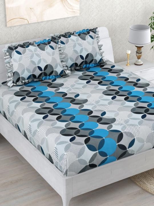 Image of King Size Fitted Bedsheet for Double Bed | 300 TC Cotton Feel Microfiber | All Around Elastic with 2 Frill Pillow Covers | Soft & Durable | (GreyGeometricFrill, Fitted - Double72x72)