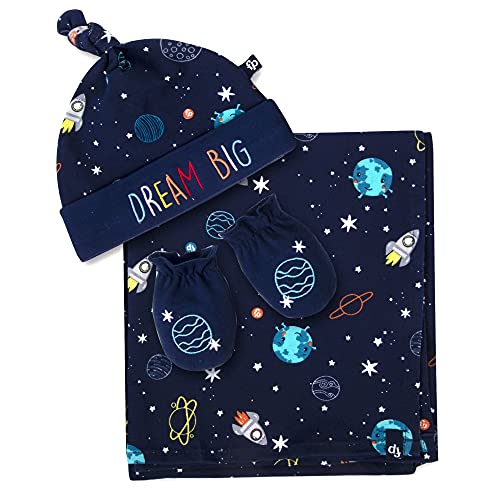 Image of Fisher Price Space Explorer Swaddle Blanket Wrap with Beanie Hat and Mittens for Newborn Baby Boy 0-3 Months