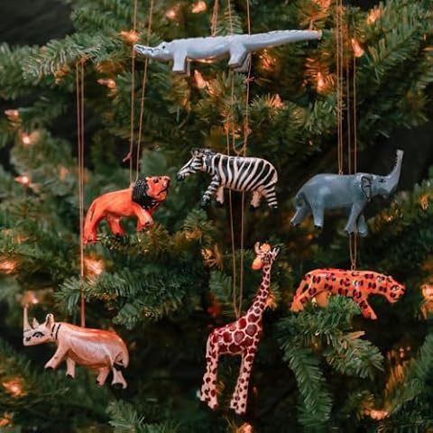 Painted Wood Safari Animals Ornament Set of 7 Cover