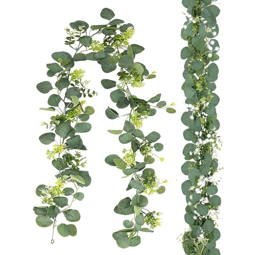 Guirnalda artificial de eucalipto, decoración de eucalipto, guirnalda de plantas, verde, 180 cm, hojas de sauce, plantas colgantes, para bodas, fiestas, mesas de comedor, repisas de chimenea,
