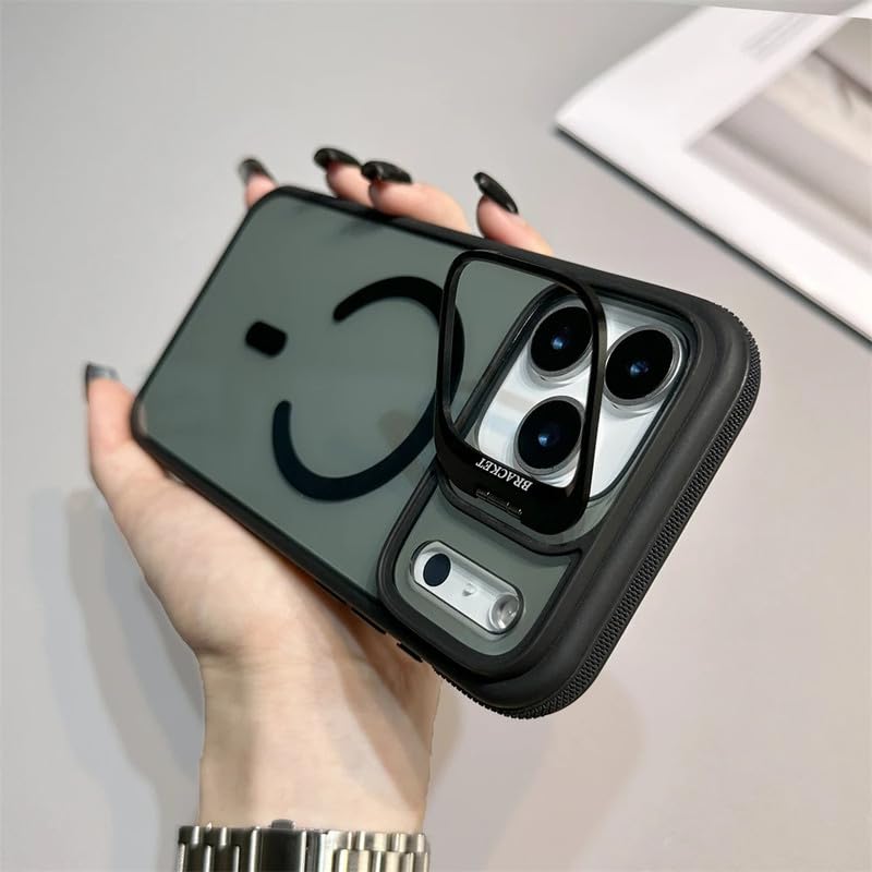 Image of LuxuryKase Smoked Clear MagSafe Case for iPhone 17 Pro Max | Metal Camera Guard Kickstand | Rugged Grip Edge | Hard PC Back + Soft TPU | Wireless Charging Support - Black