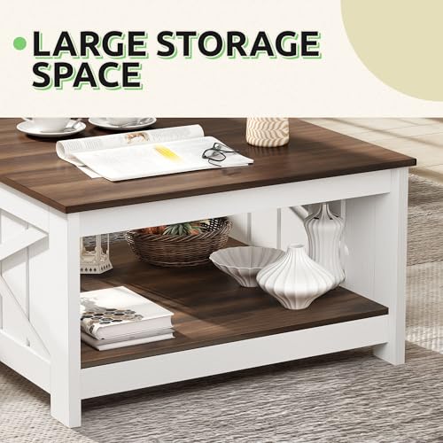GOOBED Farmhouse Sqare Coffee Tables for Living Room with Storage, Grey Wash Coffee Table 2 Tier Spaciou Storage Shelf, Modern Center Table Small Coffee Tables, Brown and White