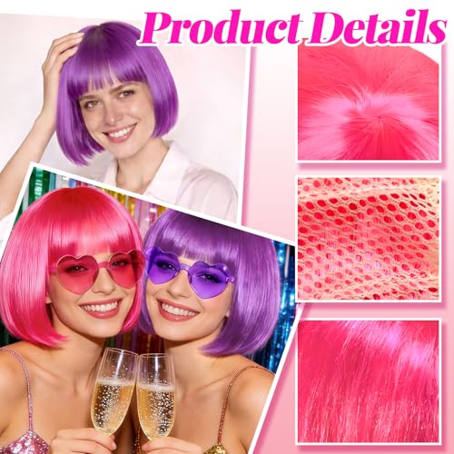 Image of DAJOOEE 2 Pack Party Wigs Wig Cap and Sunglass Set,Short Bob Hair Wigs Straight with Flat Bangs Synthetic Colorful Cosplay Daily Party Neon Wig for Women (Pink Purple)