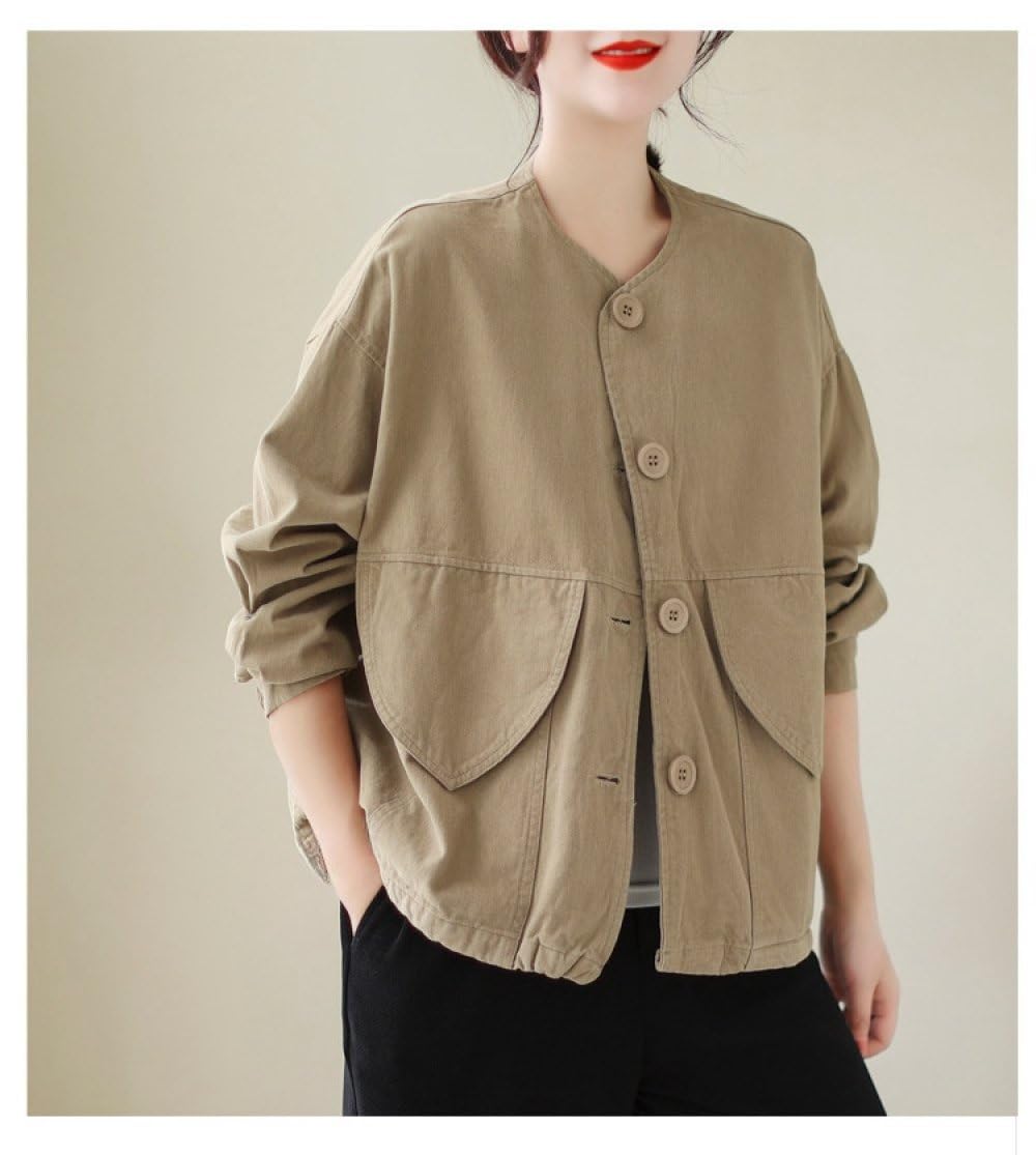 Leichte Damenjacke Aus Baumwolle Mit Rundhalsausschnitt,Strickjacke Mit Retro Kahki Knöpfen,Übergangsjacke,Mantel,Frühling Und Herbst,Lässige,Lockere Utility Jacke Mit Tasche