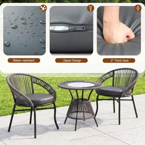 Image of DEVOKO Bliss 4 Seater Outdoor Patio Rope Conversation Set with Glass Top Table (Grey /Dark Grey), Powder-Coated Metal Frame & Water-Resistant Cushions for Balcony, Garden, Terrace