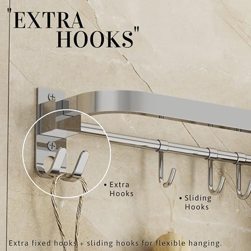 Image of GLOXY Premium Towel Hanger for Bathroom Combo Pack of 3 - Chrome Finish 24 Inch Stainless Steel Towel Holder in Bathroom - Wall Mount Towel Rod for Bathroom with Hooks to Keep Towels Well Organised