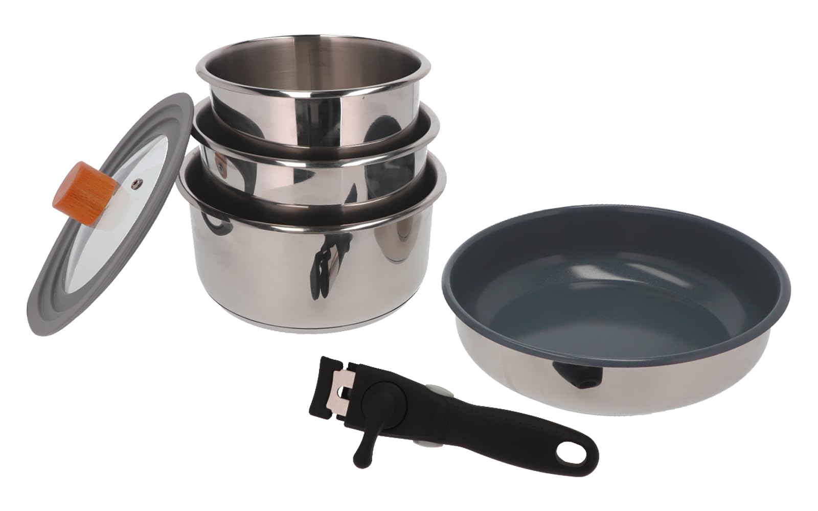 BERGER BlueOak Topfset Induktion 6-TLG. | stapelbares Kochtopf Set mit Pfanne, Glasdeckel & Pfannengriff | Induktions Töpfe Set aus Edelstahl geeignet für Camping & Küche