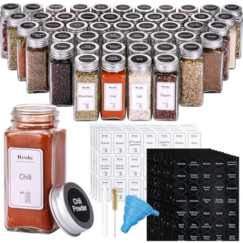 HATOKU 48 Pack Spice Jars with Labels, Glass Spice Jars with Lids and 400 Labels, 4oz Square Seasoning Containers with Shaker Lids and Silicone Collapsible Funnel, Brush Cover