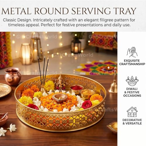 Image of Multipurpose Metal Basket For Gift Hamper, Pooja Temple Storage With Sturdy Handle, Decorative Flower Organizer & Versatile Puja Utility Accessories Home Decoration (Round Tray)