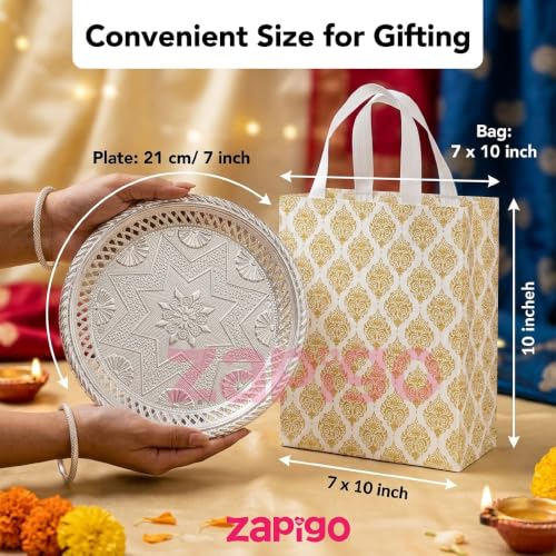Image of Habba Silver Decorative Plate with Laminated Carry Bag, 7 Inch Pooja Thali, Traditional Return Gift for Diwali, Navratri, Wedding, Housewarming, Baby Shower, Festivals - Pack of 5