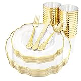 BUCLA 180pcs Clear and Gold Plastic Plates with Disposable Silverware and Cups-Including 60Gold...