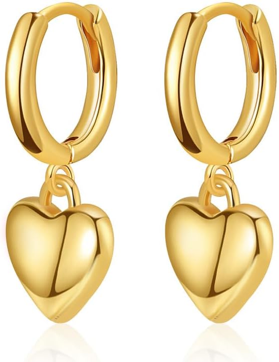 Trendy 14K Gold Plated Heart Drop Earrings for Women, Charm Lightweight 14K Gold Plated Love Heart Shaped Huggie Dangle Hoop Earrings Jewelry Gifts