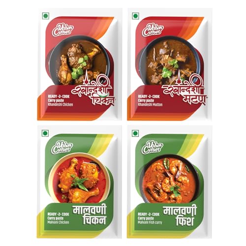 Urban Curries Combo Pack: Authentic Ready-to-Cook Curry Paste Collection – Khandeshi & Malvani Masala for Chicken, Mutton & Fish – 100g Each | Serves 3-5 in one pack | Pack of 4(400gm)