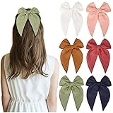 DEEKA 6 PCS Long Tail Fable Hair Bows Cotton Linen Large Hair Bows for Toddlers Girls Handmade Red Brown Fabric Bow Clip Hair Accessories for Little Girls Kids -Red Green Brown