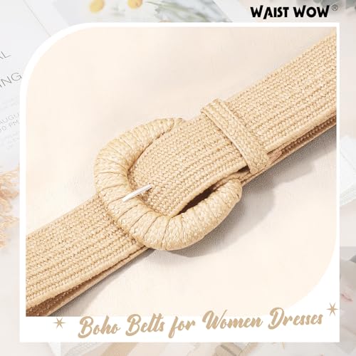 Image of Straw Woven Elastic Belt for Women Stretchy Belts for Dress Fashion Boho Waist Belt Rattan Raffia Ladies Belts