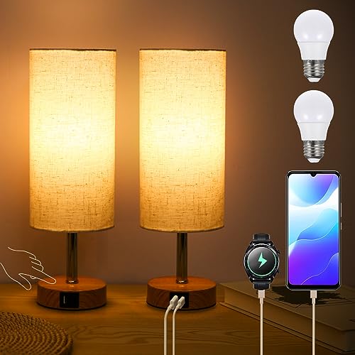 Neoglint 2 Packs Fabric Bedside Table Lamp with Warm White LED Bulb Nightstand Lamp Desk Light Touch Control 3 Levels Dimmable USB A Type-C Charging Ports for Living Room Bedroom