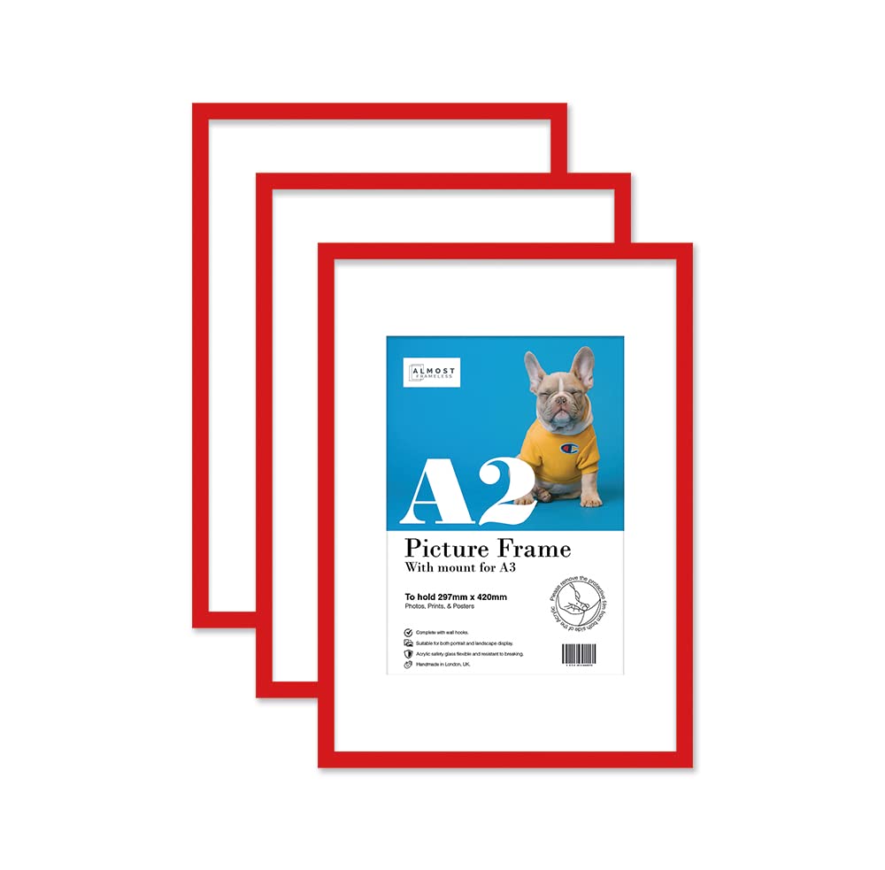 Almost Frameless Red A2 Picture Frame Set Of 3, Display A3 Pictures With Mount Or A5 Without Mount Gallery Wall, Poster, Photo, Artwork, Or Print,