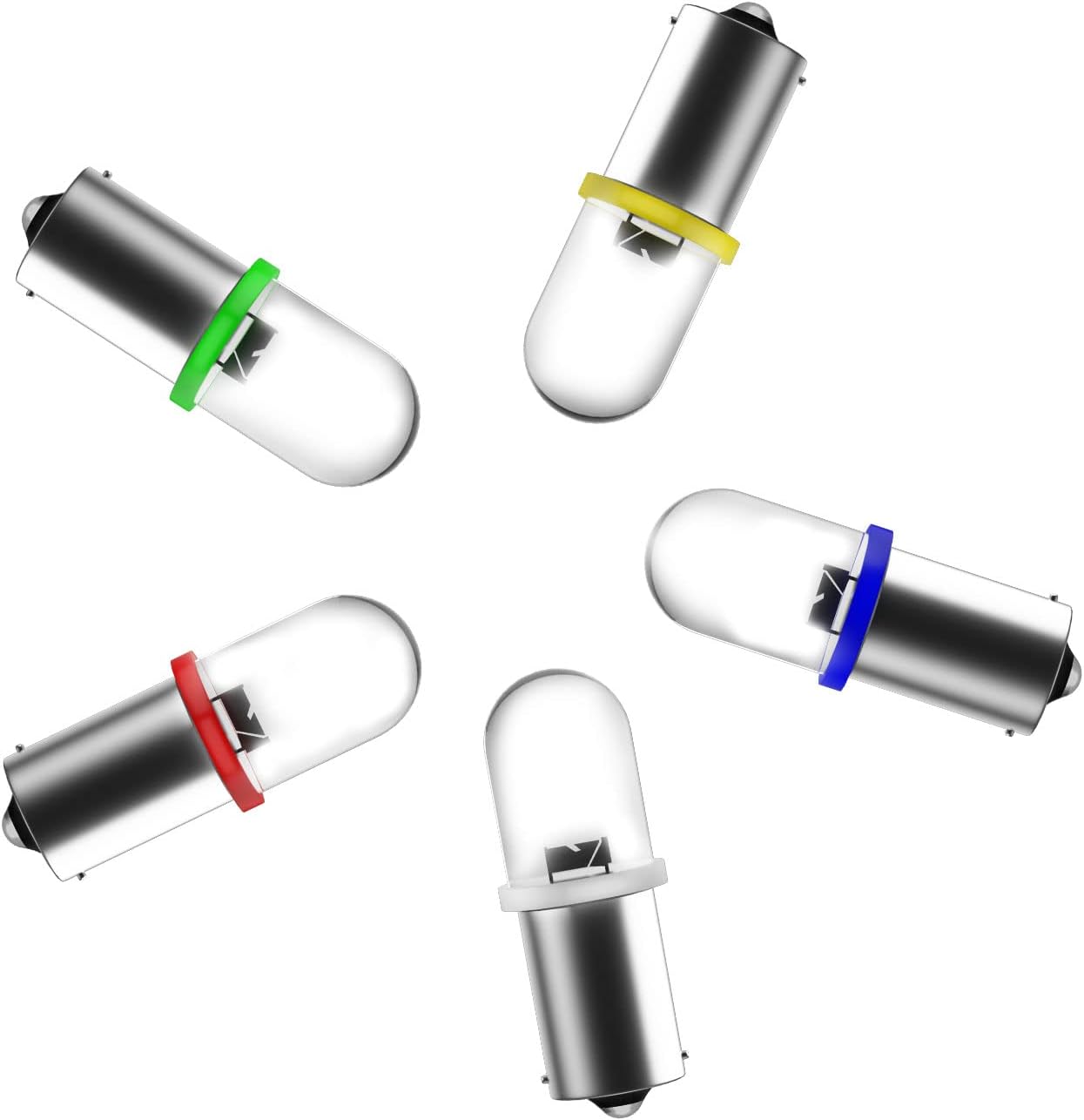 YM E-Bright50-Pack Mix 5 Colors White/Blue/Red/Yellow/Green BA9S 182 257 363 W6W 1 SMD Convex LED Bulb Clearance Wedge Plate Width Reading Light Bulb DC 12V