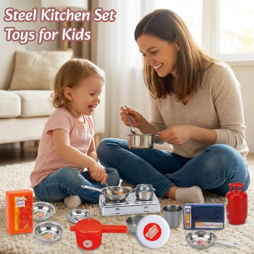 Image of DZLING Kids Steel Kitchen Set Toys, Traditional Indian Cooking Playset with Utensils, Gas Stove, Blender, Chakla Belan Accessories, Role Play Pretend Cooking Toy for Boys & Girls (Super Kitchen)