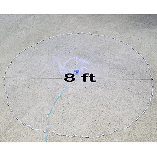 Omonic Handmade American Style Saltwater Fishing Cast Net for Bait Trap Fish with Heavy Duty Real Lead Weights and 40 Feet Handline 3/8inch Mesh Size 4ft 6ft 8ft 10ft 12ft Radius (10 Feet 3/8 Inch)