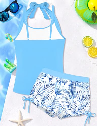 Image of Girls Swimsuit 2 Piece Halterneck Girls Tankini Swimsuit Drawstring Printed Swim Shorts Girl Bathing Suit for 7-18T