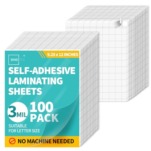 Binditek 100 Pack Self-Adhesive Laminating Sheets, 9.25 x 12 Inches for Letter Size, Grid-Backed for Easy Cutting, 3 Mil Thick, No Heat or Machine Needed, Clear Glossy Finish for School & Office