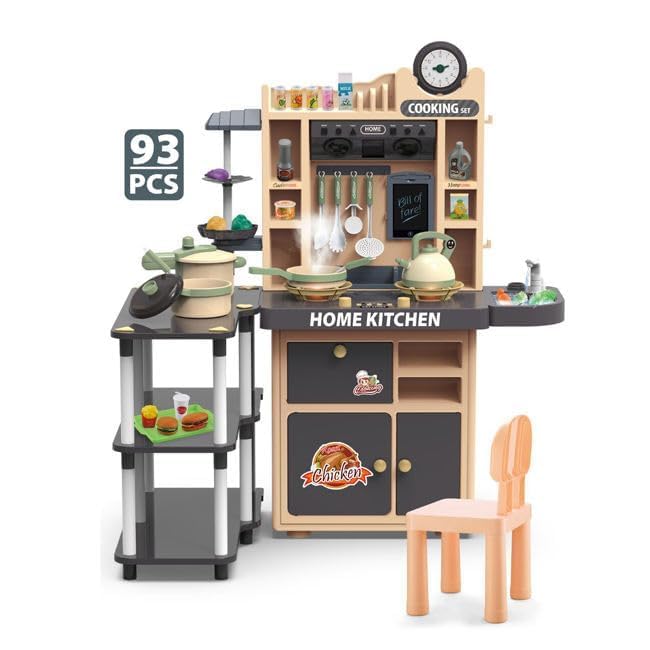 Image of Kids Pretend Play Kitchen Set with Cooking Accessories, Toy Kitchen Set with Pots, Pans & Utensils, Play Kitchen Set for Boys & Girls (Kitchen Set with Chair(93pcs))