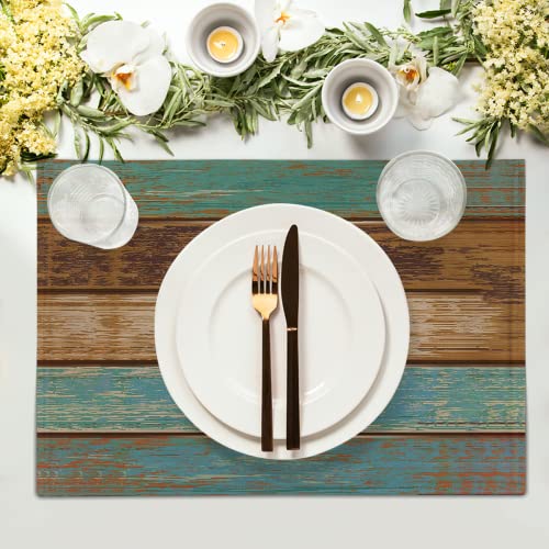 Teal Placemats Set Of 4, Turquoise Wood Stripe Table Placemats Heat Resistant Cotton Linen Wood Table Mat Wipeable Holiday Party Rustic Placemats For Dining Table Home Kitchen Decor #TOP2