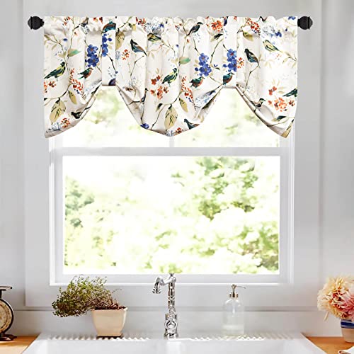 Vogol Tie Up Valances For Bathroom, Blue Birds And Floral Print Tie Up Shades For Windows Rod Pocket Valances For Cafe, 52X18, One Piece #TOP2