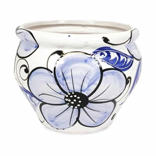 Verano Spanish Ceramics Outdoor Living Terracotta Hand Painted Blue Flower Bola Pot - Decorative New Home Garden Yard Patio Outside Décor Gift Gardening Herb Flower Plant Pot - 25cm x 21cm