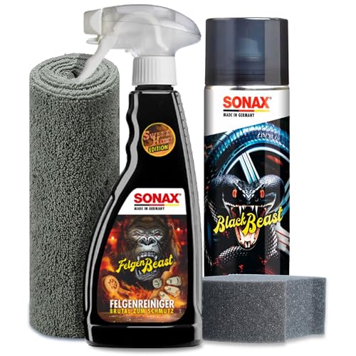 Auto Reifenpflege & Felgenpflege Set | Sonax ReifenGlanz Special Edition + FelgenBeast Sonderedition Felgenreiniger + Applikator Pad + Mikrofasertuch | Pflege & Reinigung von Felgen & Reifen