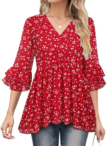 Bulotus Womens Tops Dressy Casual 3/4 Ruffle Sleeve Chiffon Fall Blouses Business Casual Flowy V Neck Shirts