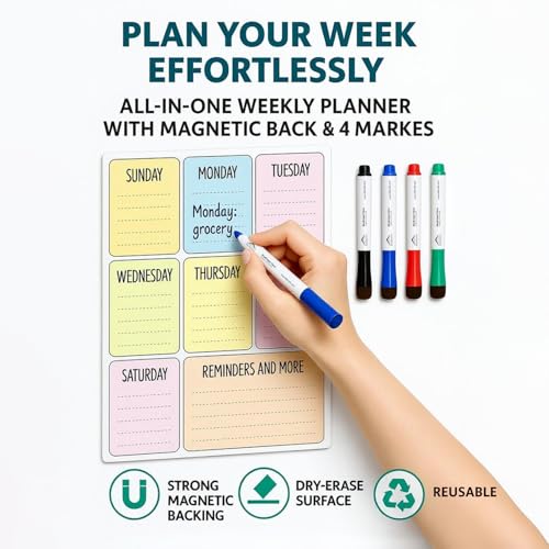 Image of Lifekrafts Magnetic Weekly Planner for Fridge (43x28 cm) | Colorful Dry Erase Chart for Kids & Adults | 4 Markers & 1 Eraser | Family Chores, Routines, Meal Plan, Notes & Reminders