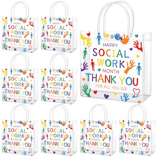 Sweetude 24 Pcs Social Work Month PVC Plastic Gift Bags with Handles Teacher Social Worker Thank You Present Pouch