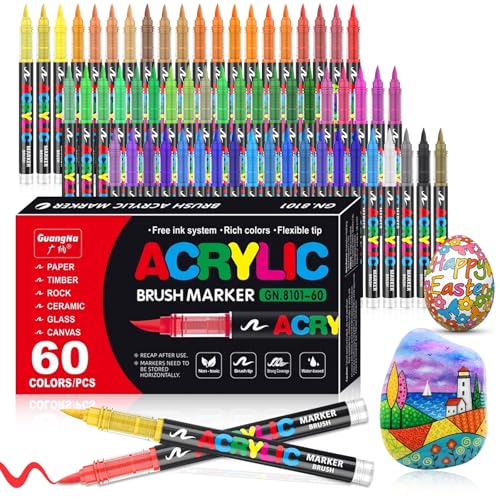 VAKKI 60 Color Acrylic Paint Pens, Acrylic Brush Markers, Paint Pens For Colouring, Stone, Calligraphy, Wood, Canvas, Glass, Ceramics