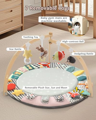 Suihuooo Baby Play Mat Activity Gym,6 Developmental Zones Tummy Time Mat, Foldable Wooden Baby Play Gym with 7 Detachable Sensory Toys for Newborn Brain Development, Essential Baby Shower Set - Thumbnail 3