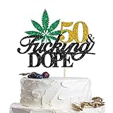 Queoogou 50 & Fucking Dope Birthday Cake Topper, Golden Glitter Marijuana Cake Decor, 420 Birthday,...