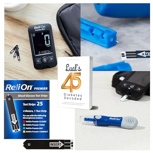 Premier BLU Glucose Monitor Kit with Bluetooth. Complete Diabetes Care Bundle with Test Strips, Lancets & Lancing Device & Lual\'s 45 Diabetes Decoded