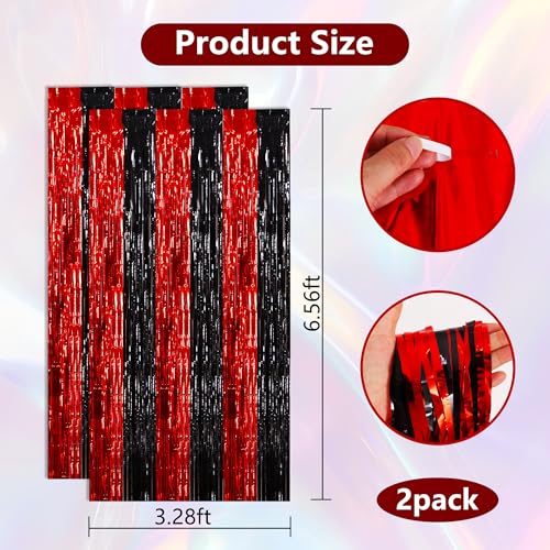 Image of BEISHIDA Red Black Door Streamers Backdrop Foil Fringe Tinsel Party Streamers Curtains Photo Backdrop - 2Pcs for Birthday Graduation Bachelorette Halloween New Year Party Decoations