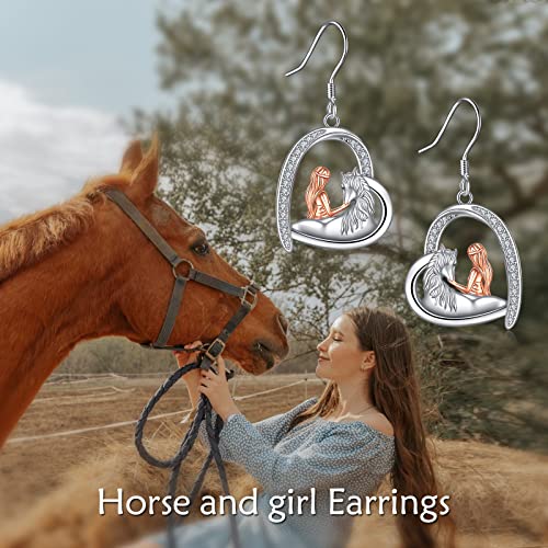 Horse Earrings Gifts For Her Girls Women Sterling Silver Love Heart Girl With Horse Dangle Earrings Christmas Gifts #TOP5